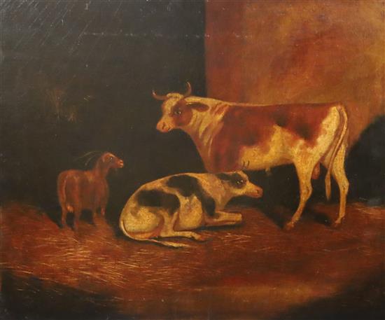 19th century Primitive School Cattle and goat in a stable 50 x 60cm., unframed